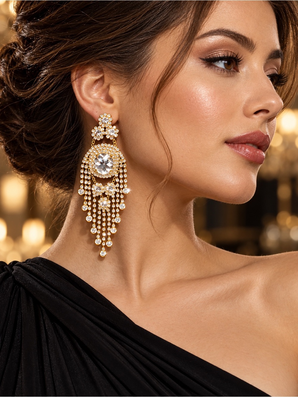 Gold Tone Rhinestone Chandelier Dangle Earrings